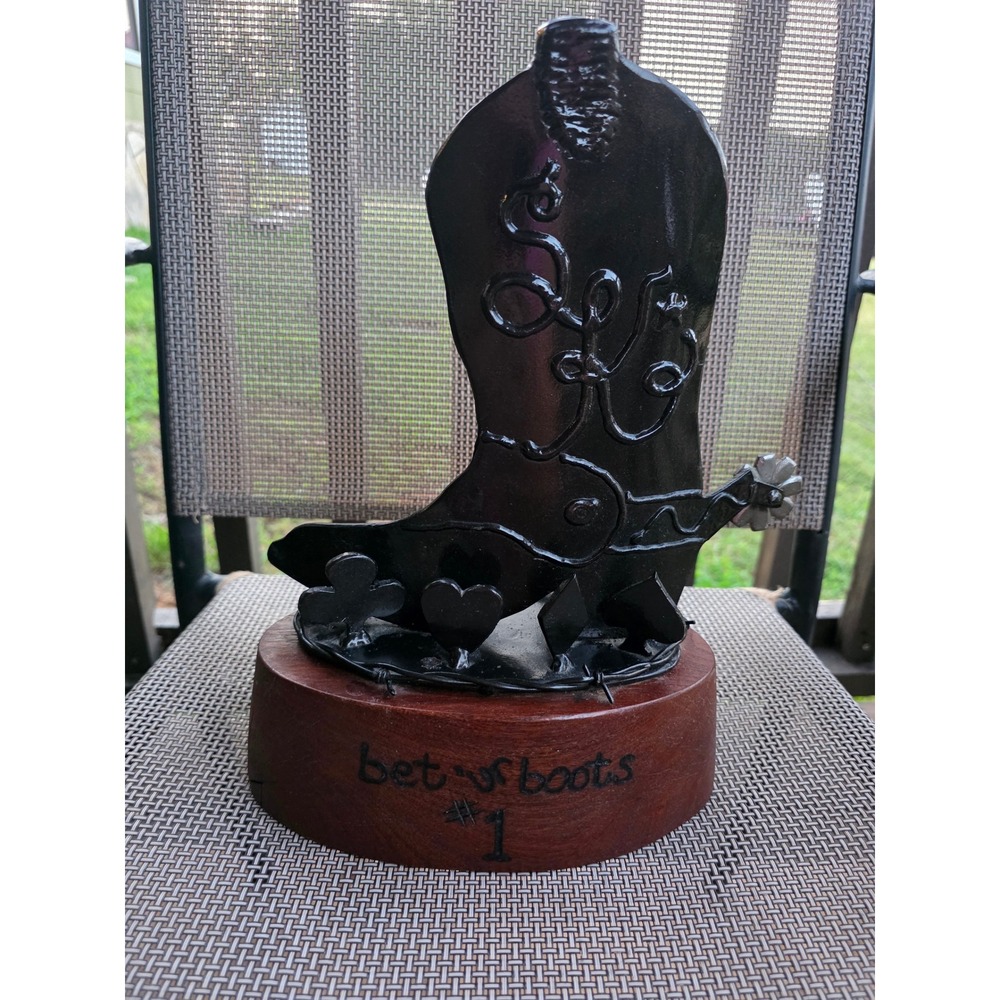 Bet Ur Boots #1 Metal Cowboy Boot Sculpture Wood Base Western Folk Art 12.5in